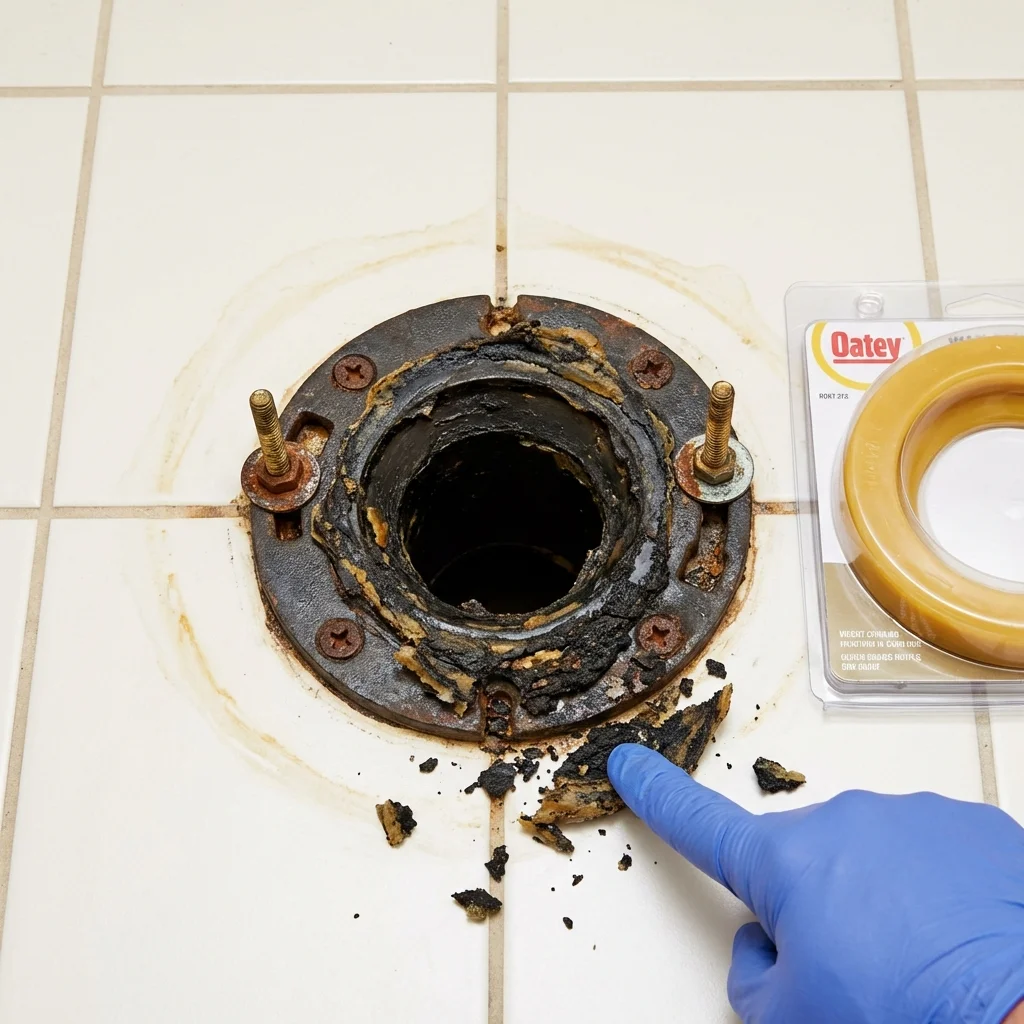 Failed wax ring showing water seepage at the base of a toilet in a Surry, VA home