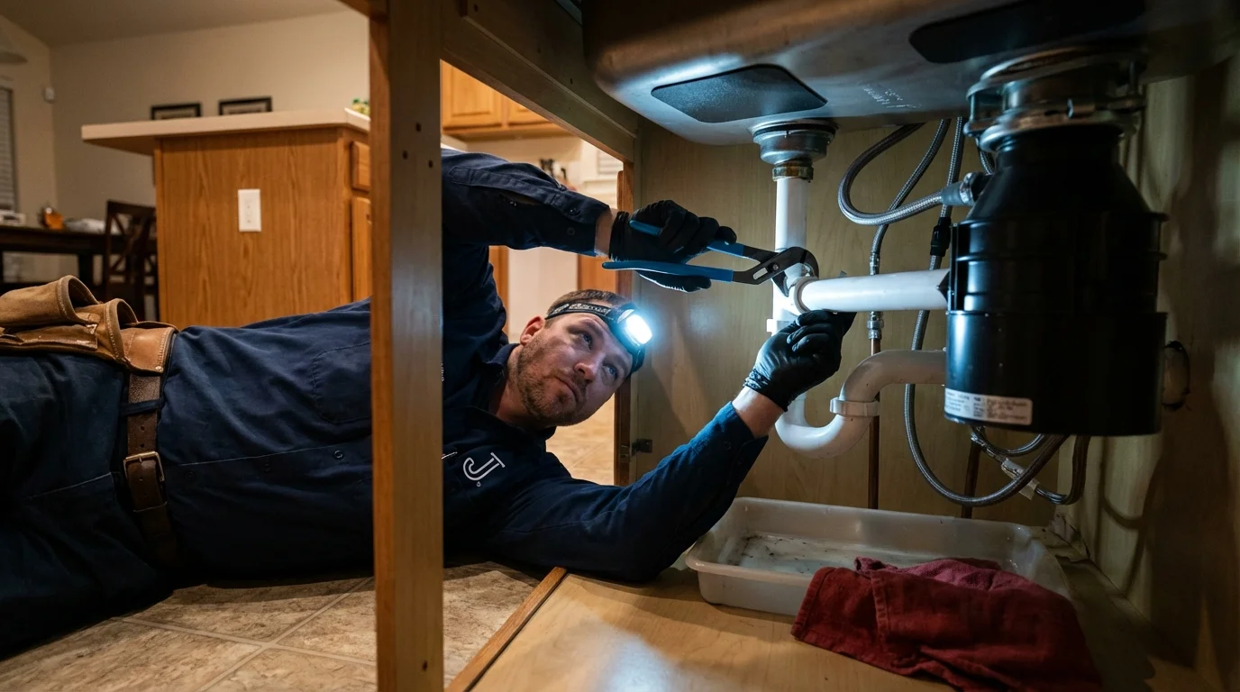 P-trap and supply line connections under a kitchen sink showing a common leak point in Surry, VA